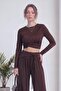 Women's Draped Crop Blouse and Tie Detail Wide Leg Pants Set Brown, Black - 4
