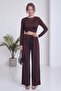 Women's Draped Crop Blouse and Tie Detail Wide Leg Pants Set Brown, Black - 7