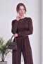 Women's Draped Crop Blouse and Tie Detail Wide Leg Pants Set Brown, Black - 6