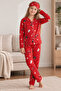 New Year Patterned Long Sleeve Button Front Shirt Collar Girls Pajama Set - 6