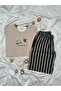 Beige Duck Patterned Striped 100% Cotton Pajama Set