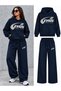Oversize Track Pulse Printed Hooded 100% Cotton Wide Leg Sweatpants Set