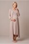 Women's Beige Long Sleeve Lace Maternity Nightgown Set with Easy Nursing Features and Robe - 2