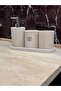 4-Piece Travertine Stone Bathroom Set - Elliptical Tray, Leak-Proof Special Canister Liquid Soap Dispenser, Cotton Swab Holder, and Toothbrush Holder - 4