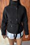 Zr Women's Stand Collar Belted Short Lined Comfortable Fit Black Cashmere Coat - 2