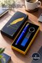 4-Piece Blue Roller Pen and Leather Metal Keychain Set with Feather Motifs in a Box – Boxed Gift Set, Pen (Roller Pen), Keychain, Stylish Design