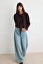 Kahverengi Soft/Yumuşak Dokunuşlu Kapüşonlu Fermuarlı Oversize Örme Hırka/Sweatshirt TWOAW27SW00090 - 3
