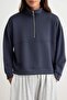 Antrasit Soft/Yumuşak Dokunuşlu Regular Kalıp Dikiş Detaylı Dik Yaka Örme Sweatshirt TWOAW27SW00146 - 3