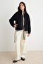 Siyah Peluş Regular/Normal Kalıp Dokuma Garnili Fermuarlı Örme Hırka/Sweatshirt TWOAW25SW00139