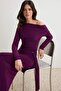 Mürdüm Bodycon/Vücuda Oturan Asimetrik Yaka Maxi Uzun kol Esnek Örme Elbise TWOAW27EL00180 - 2