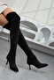 Women's Premium Women's Luxe Black Stretch Suede Above-Knee Thin Heeled Boots 7 cm - 2