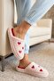 Women's Powder Heart Embroidered Plush House Slippers 3 cm Byndfkb02 - 3