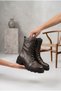 Women's Metallic Shiny Lace-Up Long Boots with Internal Zipper, Thick Serrated Sole Winter Boots Genuine Leather Boots - 3