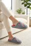 Women's Gray Heart Embroidered Plush House Slippers 3 cm Byndfkb02 - 6