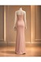 Scuba Fabric Chest Low-Cut and Slit Detailed Stone Design Strap Dress 582513 Powder - 4