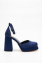 Women's Special Design Navy Blue Satin Fabric Platform Heeled Evening Dress Shoes - 5
