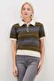 Striped Half Button Polo Collar Short Sleeve Knit Sweater - 5