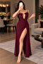 Women's Burgundy Deep Slit Lace Detailed Nightgown with Thong Gift Romantic Strap Nightgown