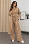 Women's Soft Textured Camel Stripe Detailed 3-Piece Knitwear Set with Pockets