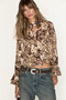Aurelis Women's Brown Blouse with Ruffles on Sleeves and Hem, Chiffon Patterned - 4