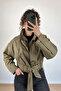 Women's Khaki Stand Collar Belted Short Jacket Regular Fit - 3
