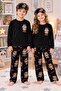 Girls-Boys Black Character Patterned Fleece Crew Neck Eye Patch Winter Pajama Set