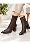 Pointed Toe Thick Heel Side Zipper Brown Color Daily Comfortable Heeled Boots - 4