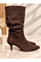 Women's Brown Suede Drawstring Above-Knee Heeled Pointed Boots