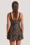 Women's Black Gold Leaf Patterned One-Piece Swimsuit with Skirt - 4