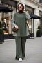 Liora Women's Two-Piece Hijab Set – Cotton Two-Thread Shirt with Detailing - Dark Khaki Green - 3