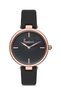 Women's Rose Gold-Black Steel Case Round Dial Leather Band Wristwatch Quartz Mechanism Analog Ekr