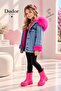 Girl's Removable Fuchsia Pink Fur Hooded Blue Thick Denim Coat - 2