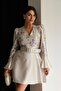 Floral Patterned V-Neck Belted Mini Satin Dress