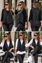 Women's Long Sleeve Asymmetrical Cut Blouse and Asymmetrical Cut Zipper Detail Leather Vest Double Set - 5