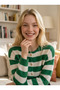 Women's Striped Crew Neck Gold Buttoned Knitwear Knitted Cardigan Jacket - 2
