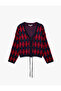 V-Neck Long Sleeve Tie-Up Diamond Patterned Knitwear Cardigan with Pockets - 5