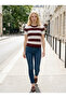 Women's Burgundy White Striped Short Sleeve Crew Neck Knitwear Blouse - 4