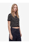 Metal Button Crew Neck Short Sleeve Striped Blouse - 2