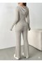 Women's Long Sleeve Hooded Front Zipper Ribbed Knit Blouse and Pants Double Suit - 3