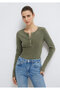Half Button Long Sleeve Khaki T-Shirt Slim Fit / Slim Fit 1613750-80769 - 2