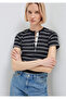 Half Button Striped Navy Blue T-Shirt Fitted / Bodycon Cut 1613713-90696 - 3