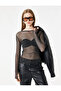 Slim Fit Crew Neck Long Sleeve Transparent Tulle Glitter T-Shirt - 2
