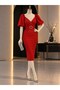 Self Belted Crepe Fabric Short Sleeve Dress 582439 Red - 3