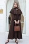 Collared Cape Detailed Belted Elastic Sleeves Crepe Dress -Brown - 5