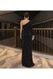 One Shoulder Slit Flowers Fabric Long Sleeve Dress Black 583360 - 4