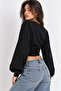 Women's Black Modal Long Sleeve Crew Neck Crop Blouse Stretchy Knitted Fabric - 3