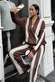 Coffee Gülseli Women's Half Zipper Striped Patterned Sweater Pants Two-Piece Set - 2
