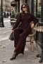 Women's Burgundy Waist-Tied Button Detailed Corded Fabric Knitwear Sweater Trousers Two-Piece Set