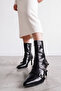 Black Color 3 Buckle Pointed Toe Women's Heeled Boots - 2