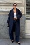 Women's Navy Blue Double Breasted Collar Belted Long Trench Coat - 2